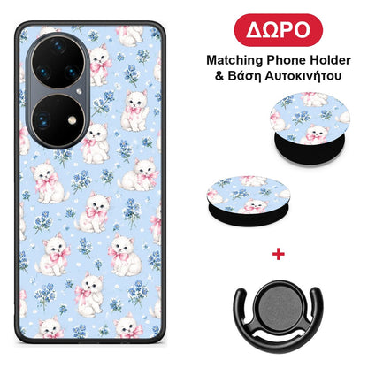 White Kittens and Blue Flowers Small - Huawei P50 Pro θήκη + Δώρο Phone Holder & Βάση Αυτοκινήτου