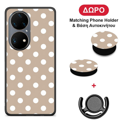 White Polka Dots on Taupe - Huawei P50 Pro θήκη + Δώρο Phone Holder & Βάση Αυτοκινήτου