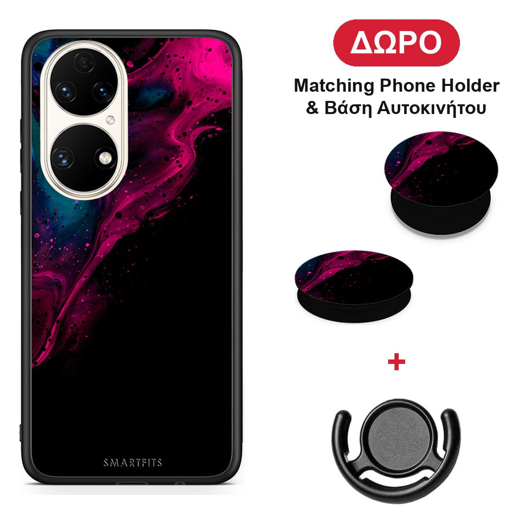 Watercolor Pink Black - Huawei P50 θήκη + Δώρο Phone Holder & Βάση Αυτοκινήτου