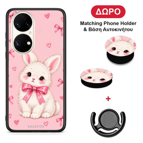 White Bunny and Pink Bows - Huawei P50 θήκη + Δώρο Phone Holder & Βάση Αυτοκινήτου