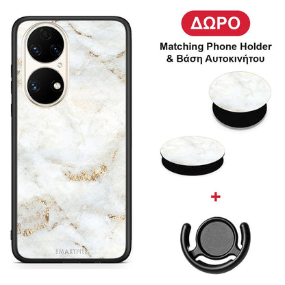 White Gold Marble - Huawei P50 θήκη + Δώρο Phone Holder & Βάση Αυτοκινήτου
