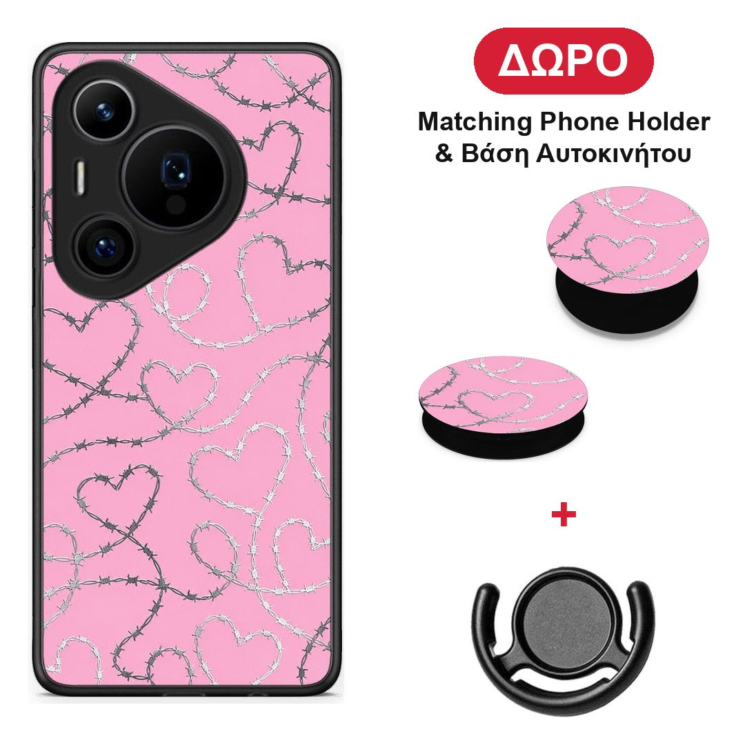 Barbed Wire Hearts on Pink - Huawei Pura 70 Pro / 70 Pro+ θήκη + Δώρο Phone Holder & Βάση Αυτοκινήτου