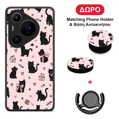 Black Cat Doodles on Pink - Huawei Pura 70 Pro / 70 Pro+ θήκη + Δώρο Phone Holder & Βάση Αυτοκινήτου