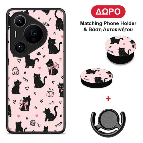 Black Cat Doodles on Pink - Huawei Pura 70 Pro / 70 Pro+ θήκη + Δώρο Phone Holder & Βάση Αυτοκινήτου