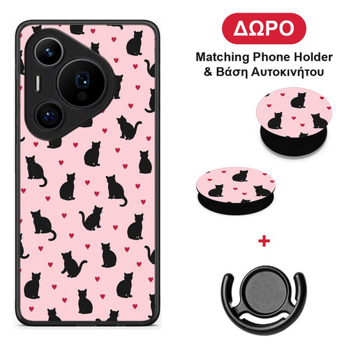 Black Cat Silhouettes and Hearts on Pink - Huawei Pura 70 Pro / 70 Pro+ θήκη + Δώρο Phone Holder & Βάση Αυτοκινήτου