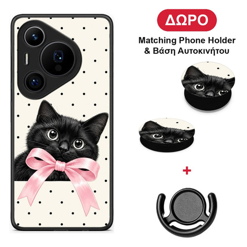 Black Kitten Pink Bow and Polka Dots - Huawei Pura 70 Pro / 70 Pro+ θήκη + Δώρο Phone Holder & Βάση Αυτοκινήτου