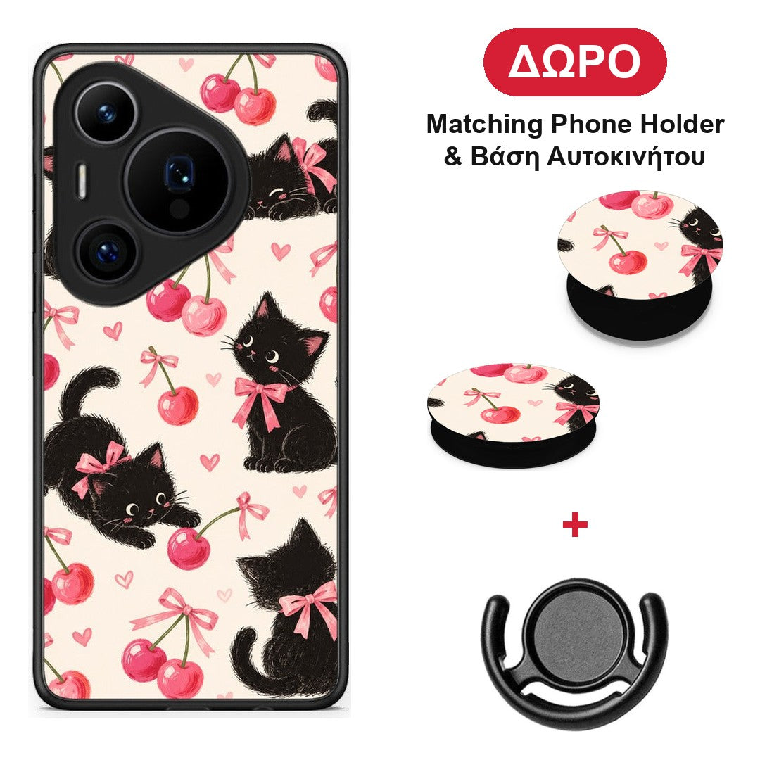 Black Kittens and Cherries on Cream - Huawei Pura 70 Pro / 70 Pro+ θήκη + Δώρο Phone Holder & Βάση Αυτοκινήτου