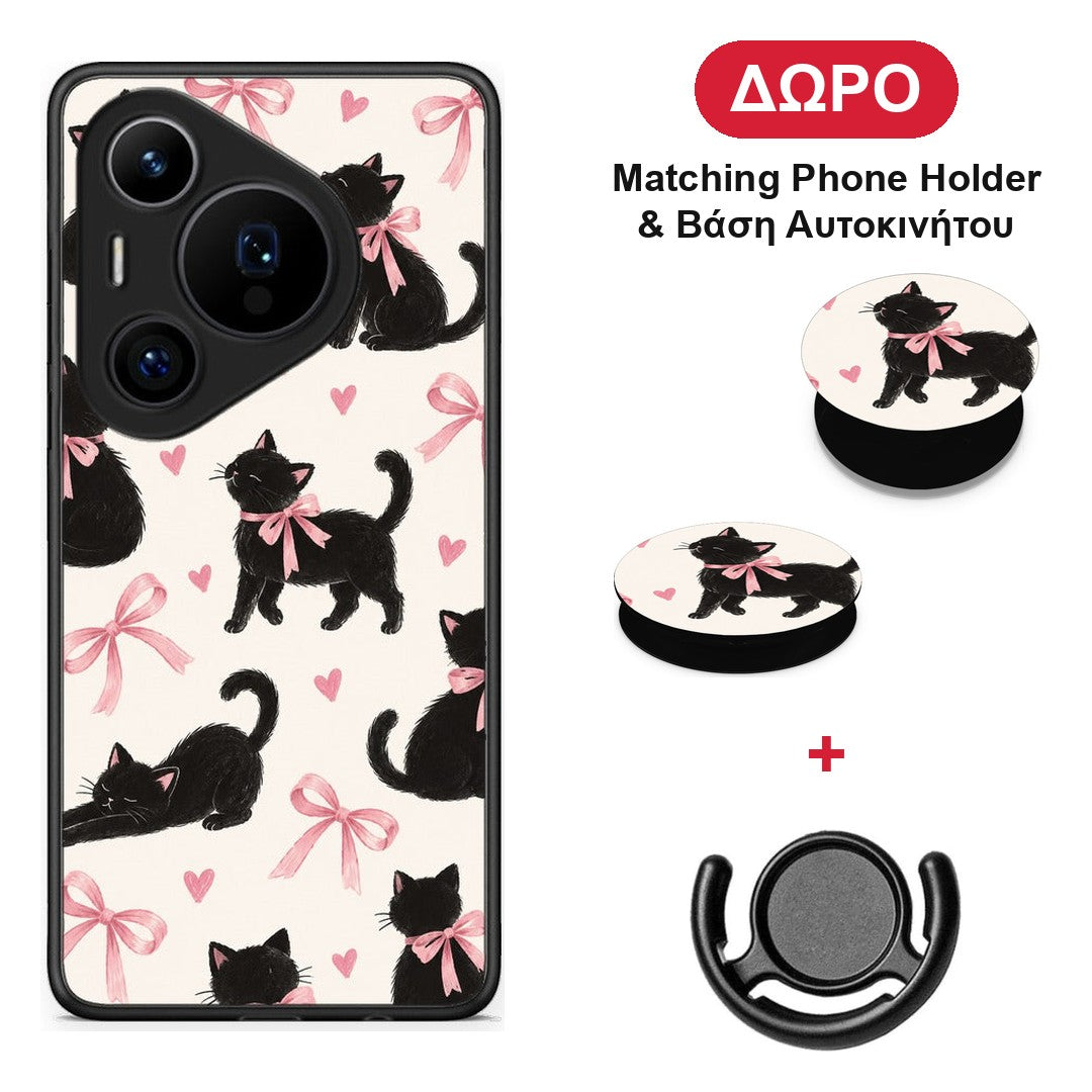 Black Kittens and Pink Bows on Cream Large - Huawei Pura 70 Pro / 70 Pro+ θήκη + Δώρο Phone Holder & Βάση Αυτοκινήτου