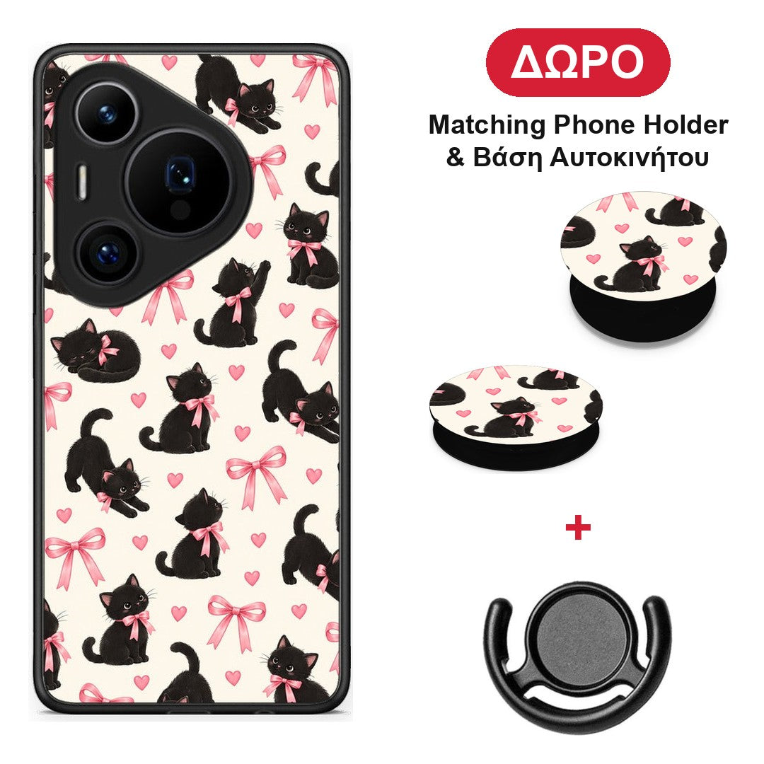 Black Kittens and Pink Bows on Cream Small - Huawei Pura 70 Pro / 70 Pro+ θήκη + Δώρο Phone Holder & Βάση Αυτοκινήτου
