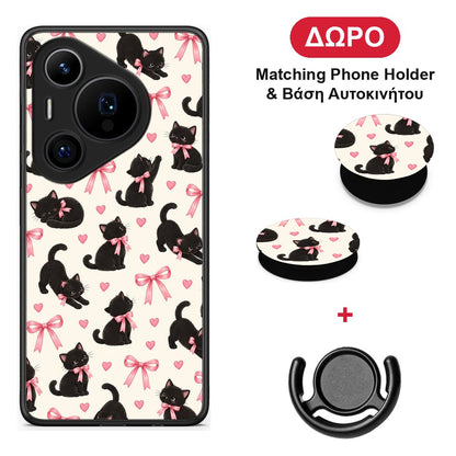 Black Kittens and Pink Bows on Cream Small - Huawei Pura 70 Pro / 70 Pro+ θήκη + Δώρο Phone Holder & Βάση Αυτοκινήτου