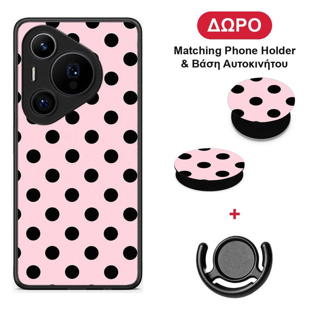 Black Polka Dots on Pink - Huawei Pura 70 Pro / 70 Pro+ θήκη + Δώρο Phone Holder & Βάση Αυτοκινήτου