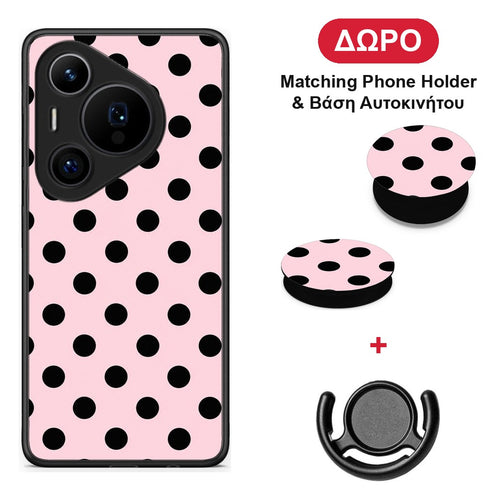 Black Polka Dots on Pink - Huawei Pura 70 Pro / 70 Pro+ θήκη + Δώρο Phone Holder & Βάση Αυτοκινήτου