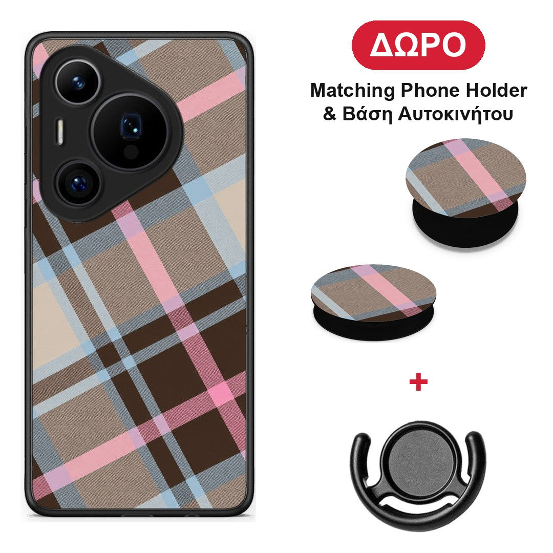 Brown Pink and Blue Diagonal Plaid - Huawei Pura 70 Pro / 70 Pro+ θήκη + Δώρο Phone Holder & Βάση Αυτοκινήτου