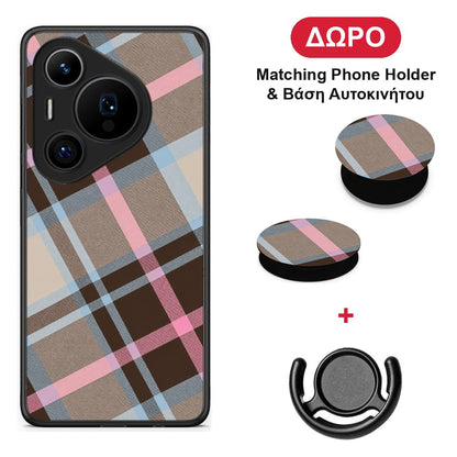 Brown Pink and Blue Diagonal Plaid - Huawei Pura 70 Pro / 70 Pro+ θήκη + Δώρο Phone Holder & Βάση Αυτοκινήτου