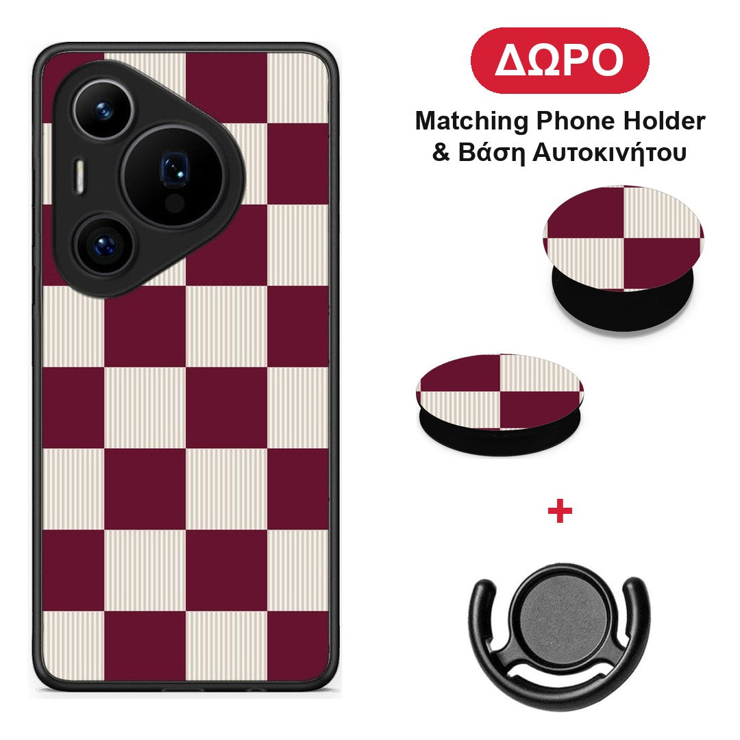 Burgundy and Cream Striped Checks - Huawei Pura 70 Pro / 70 Pro+ θήκη + Δώρο Phone Holder & Βάση Αυτοκινήτου