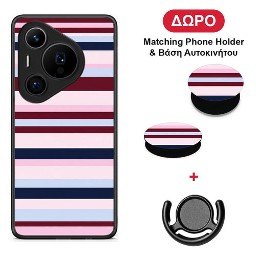 Burgundy Pink and Blue Horizontal Stripes - Huawei Pura 70 Pro / 70 Pro+ θήκη + Δώρο Phone Holder & Βάση Αυτοκινήτου