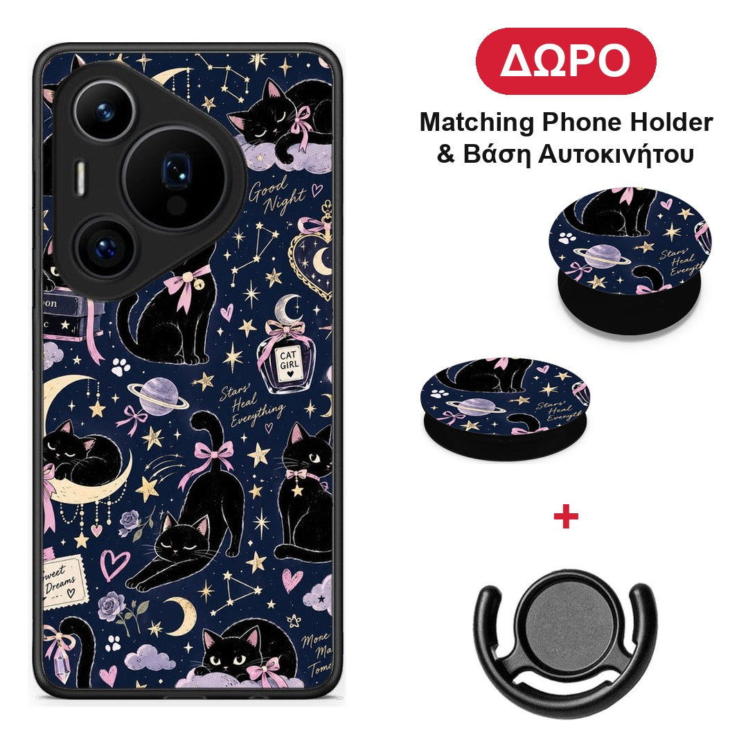 Celestial Black Cats on Navy - Huawei Pura 70 Pro / 70 Pro+ θήκη + Δώρο Phone Holder & Βάση Αυτοκινήτου