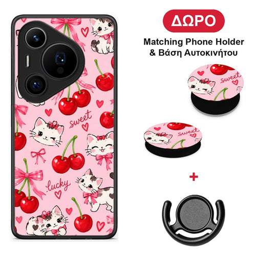 Cherries Bows and Kittens on Pink - Huawei Pura 70 Pro / 70 Pro+ θήκη + Δώρο Phone Holder & Βάση Αυτοκινήτου