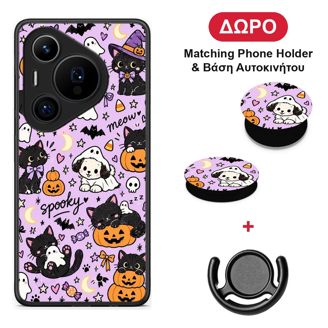 Halloween Black Cats on Lilac - Huawei Pura 70 Pro / 70 Pro+ θήκη + Δώρο Phone Holder & Βάση Αυτοκινήτου