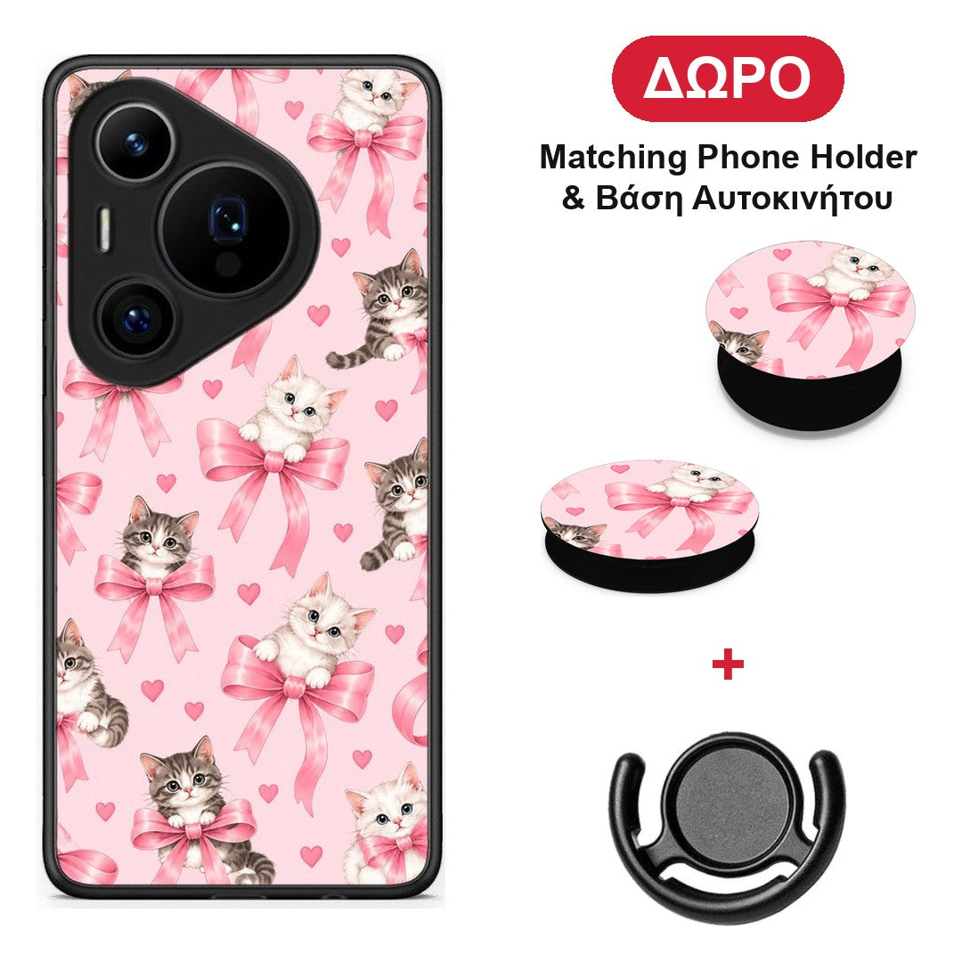 Kittens and Pink Bows on Pink - Huawei Pura 70 Pro / 70 Pro+ θήκη + Δώρο Phone Holder & Βάση Αυτοκινήτου