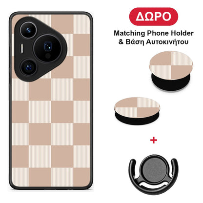 Latte and Cream Striped Checks - Huawei Pura 70 Pro / 70 Pro+ θήκη + Δώρο Phone Holder & Βάση Αυτοκινήτου