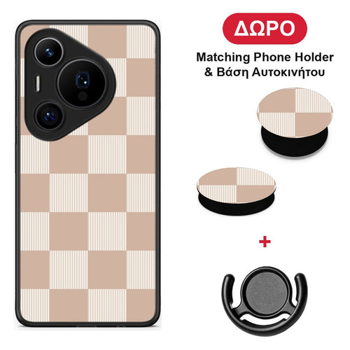 Latte and Cream Striped Checks - Huawei Pura 70 Pro / 70 Pro+ θήκη + Δώρο Phone Holder & Βάση Αυτοκινήτου