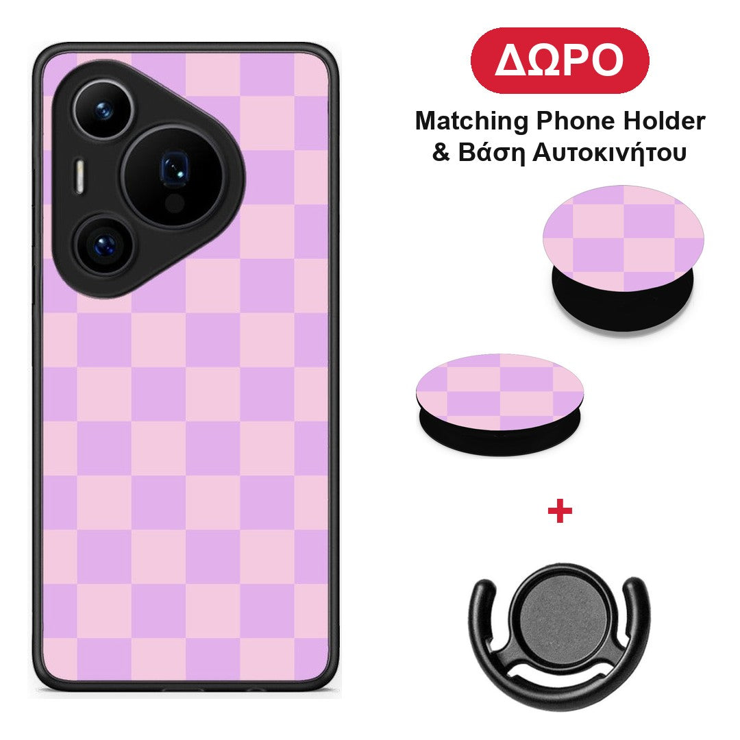 Lavender and Pink Checkerboard - Huawei Pura 70 Pro / 70 Pro+ θήκη + Δώρο Phone Holder & Βάση Αυτοκινήτου