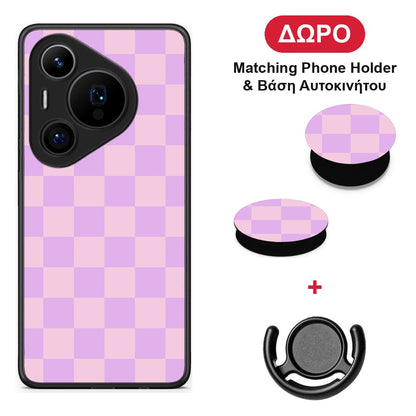 Lavender and Pink Checkerboard - Huawei Pura 70 Pro / 70 Pro+ θήκη + Δώρο Phone Holder & Βάση Αυτοκινήτου
