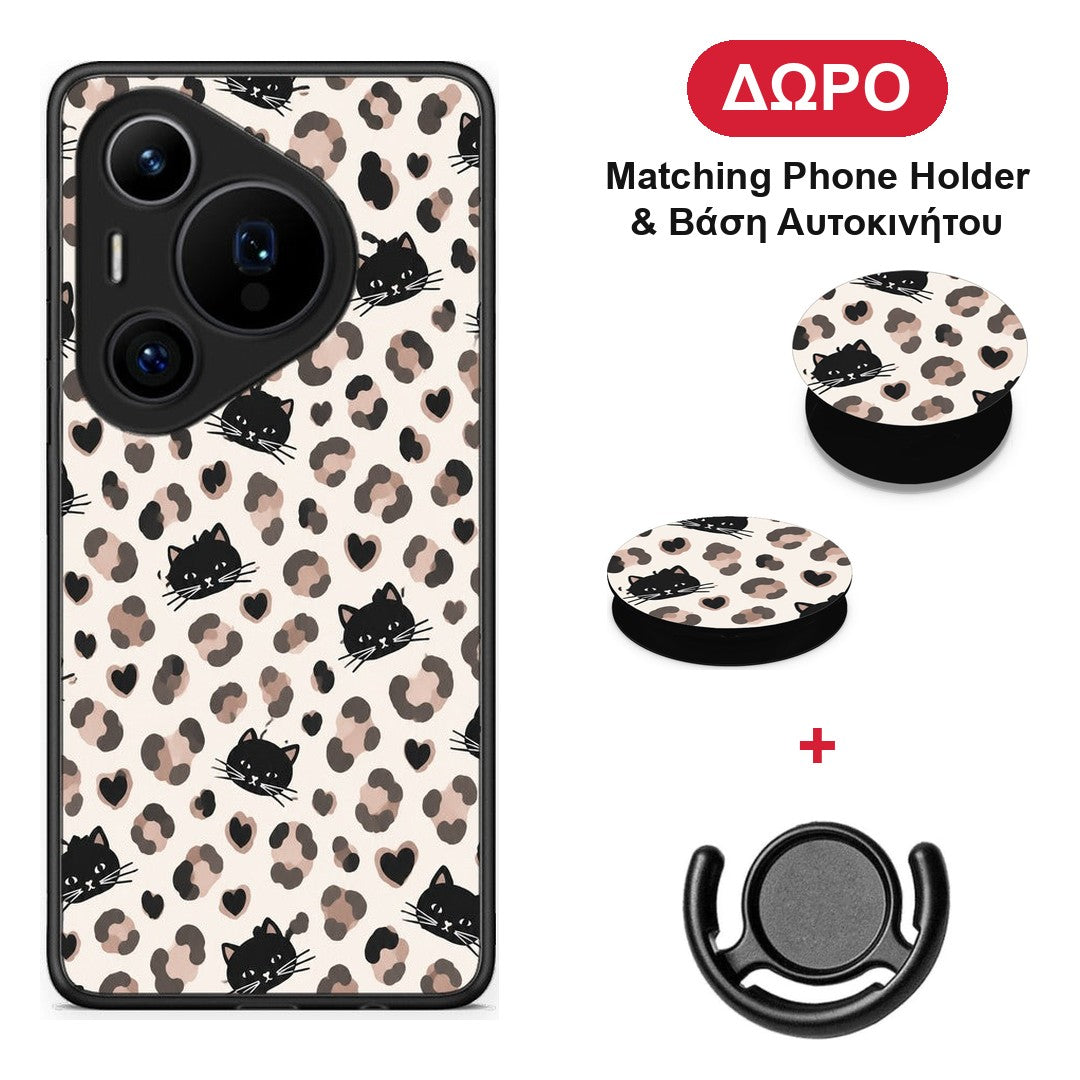 Leopard Spots and Black Cats on Cream - Huawei Pura 70 Pro / 70 Pro+ θήκη + Δώρο Phone Holder & Βάση Αυτοκινήτου