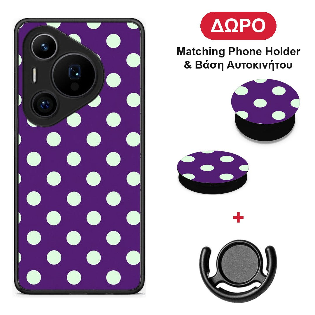 Mint Polka Dots on Purple - Huawei Pura 70 Pro / 70 Pro+ θήκη + Δώρο Phone Holder & Βάση Αυτοκινήτου