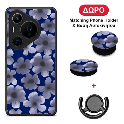 Pale Blue Flowers on Navy - Huawei Pura 70 Pro / 70 Pro+ θήκη + Δώρο Phone Holder & Βάση Αυτοκινήτου