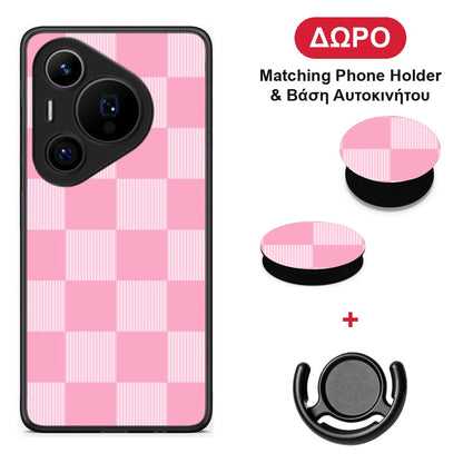 Pink and White Striped Checks - Huawei Pura 70 Pro / 70 Pro+ θήκη + Δώρο Phone Holder & Βάση Αυτοκινήτου