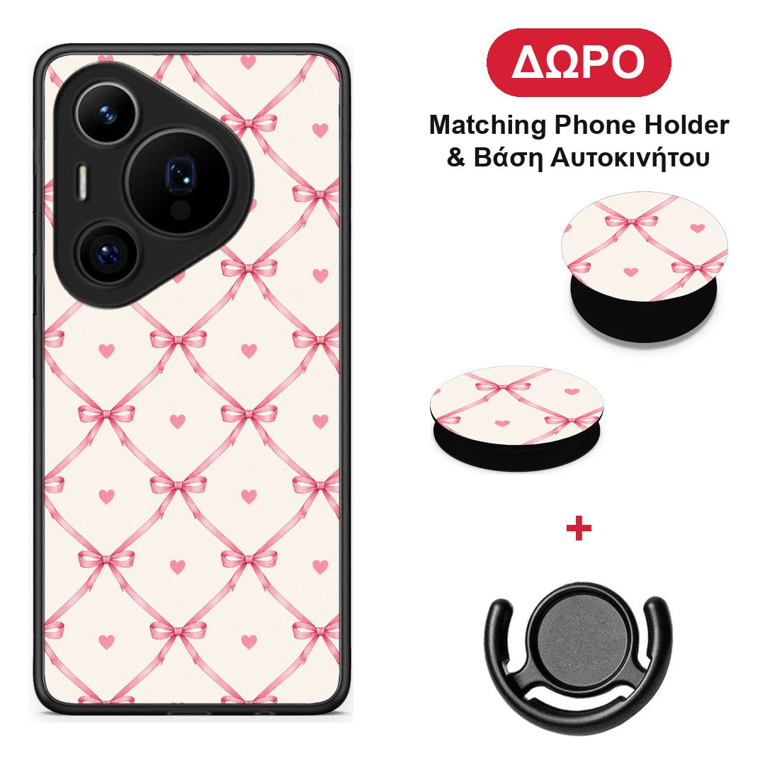 Pink Bow Lattice and Hearts on Cream - Huawei Pura 70 Pro / 70 Pro+ θήκη + Δώρο Phone Holder & Βάση Αυτοκινήτου