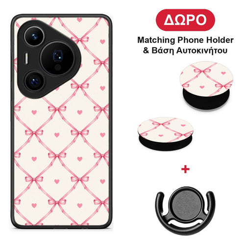 Pink Bow Lattice and Hearts on Cream - Huawei Pura 70 Pro / 70 Pro+ θήκη + Δώρο Phone Holder & Βάση Αυτοκινήτου