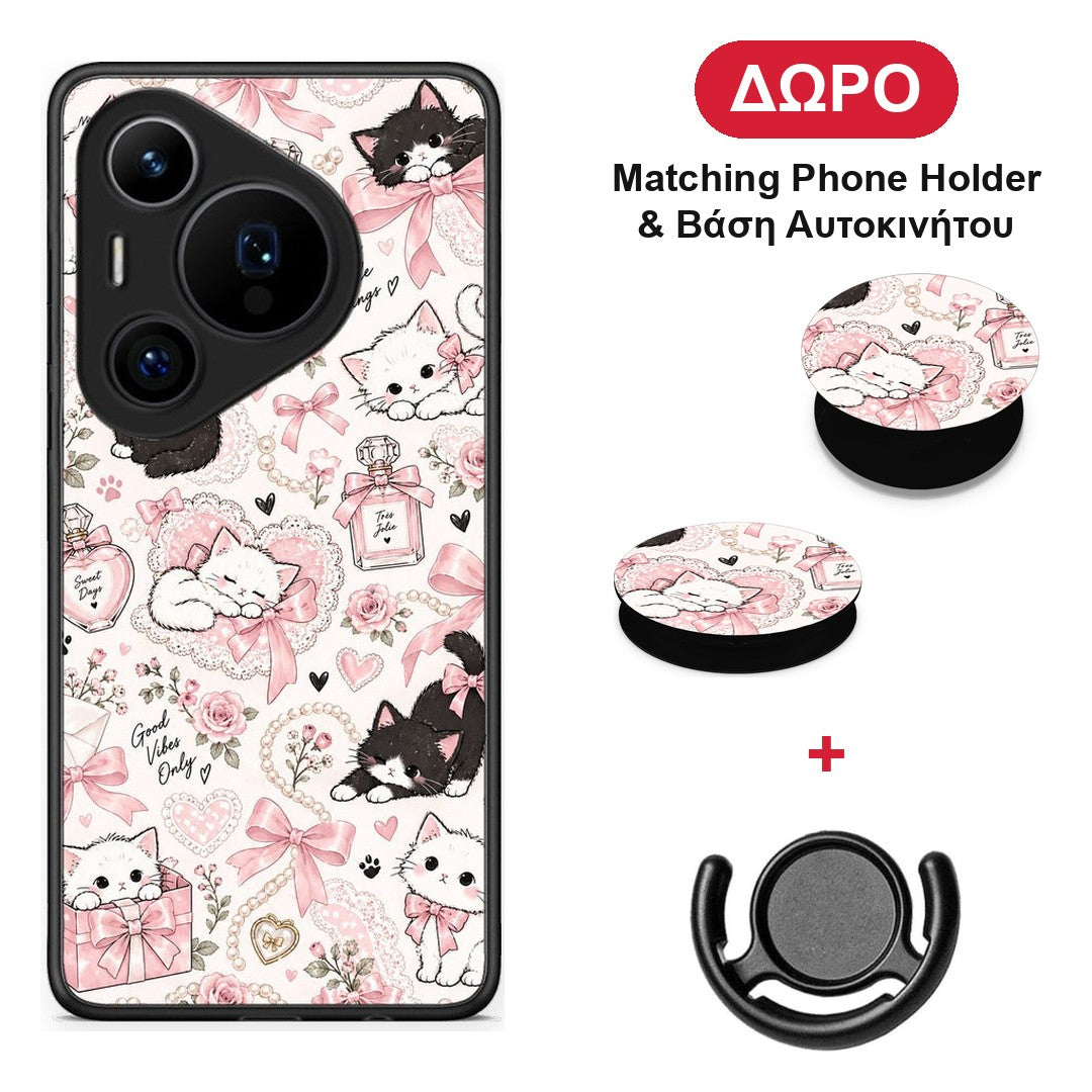 Pink Bows and Kittens Collage - Huawei Pura 70 Pro / 70 Pro+ θήκη + Δώρο Phone Holder & Βάση Αυτοκινήτου