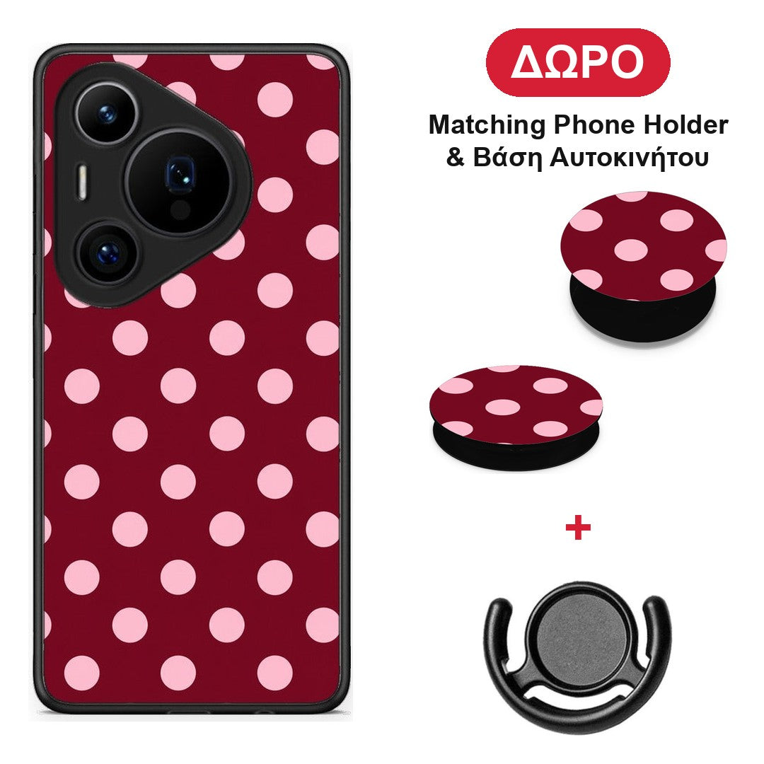 Pink Polka Dots on Burgundy - Huawei Pura 70 Pro / 70 Pro+ θήκη + Δώρο Phone Holder & Βάση Αυτοκινήτου