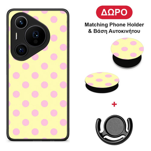 Pink Polka Dots on Yellow - Huawei Pura 70 Pro / 70 Pro+ θήκη + Δώρο Phone Holder & Βάση Αυτοκινήτου