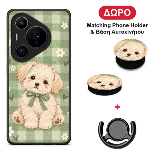 Puppy and Daisies on Sage Gingham - Huawei Pura 70 Pro / 70 Pro+ θήκη + Δώρο Phone Holder & Βάση Αυτοκινήτου