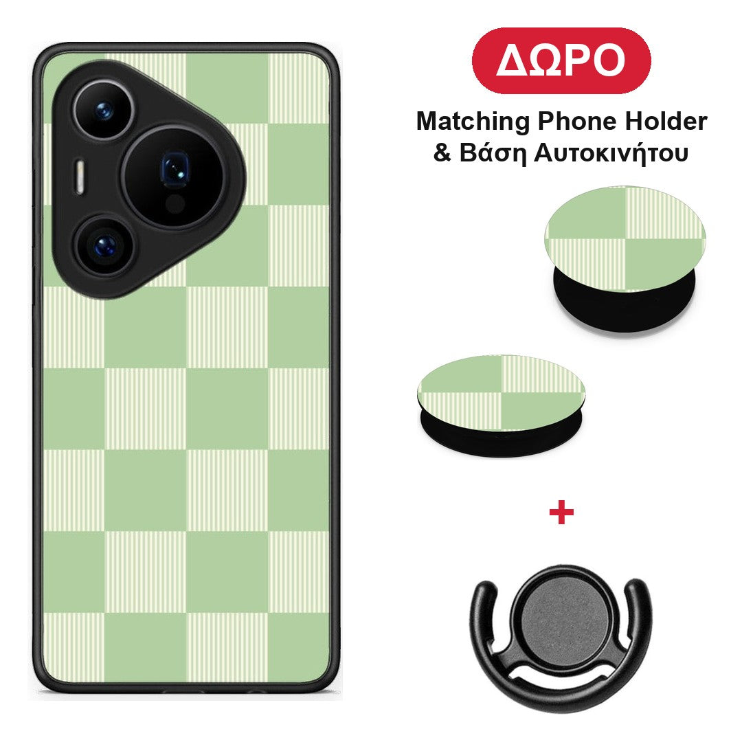 Sage and Cream Striped Checks - Huawei Pura 70 Pro / 70 Pro+ θήκη + Δώρο Phone Holder & Βάση Αυτοκινήτου