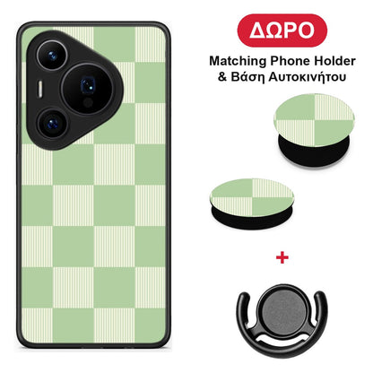 Sage and Cream Striped Checks - Huawei Pura 70 Pro / 70 Pro+ θήκη + Δώρο Phone Holder & Βάση Αυτοκινήτου