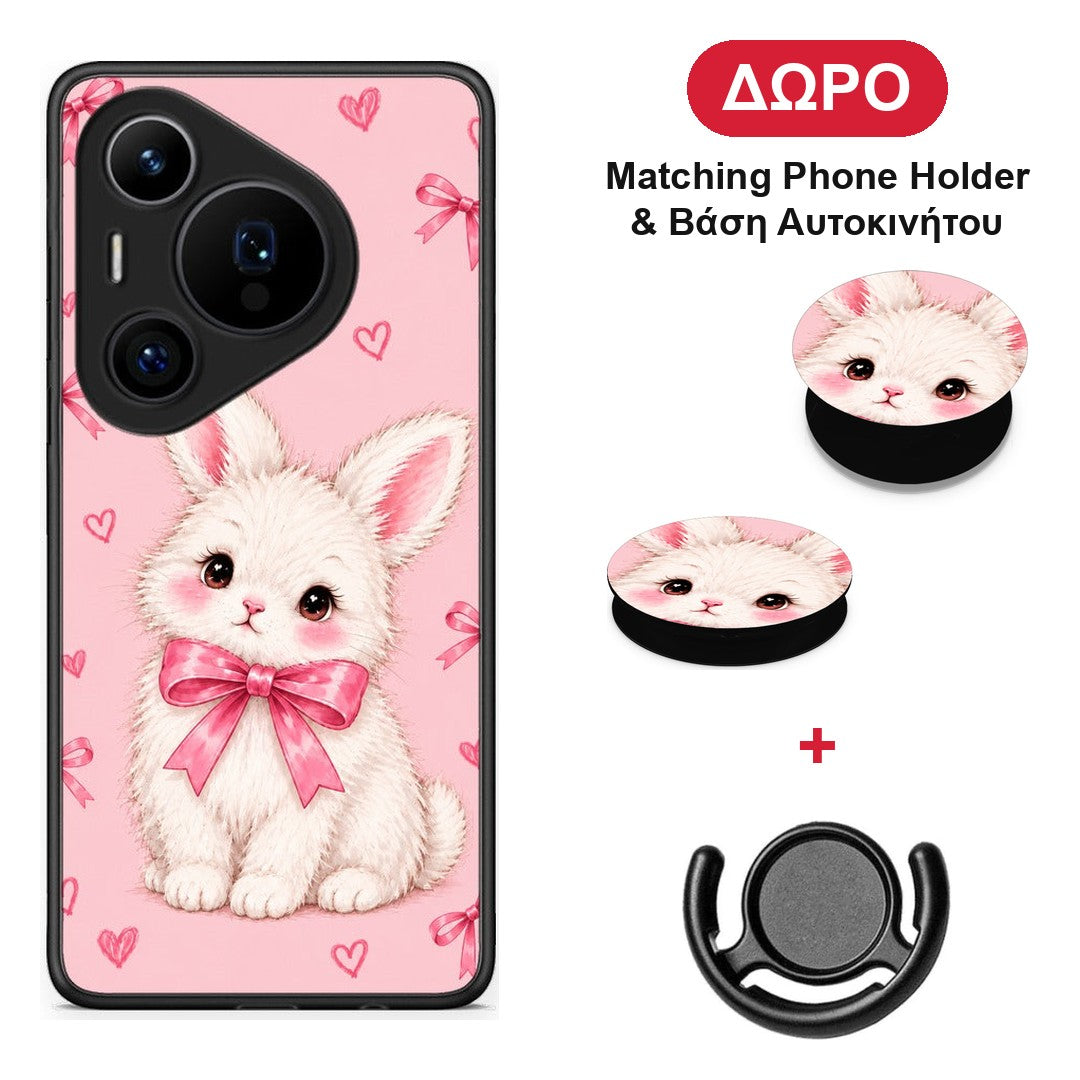 White Bunny and Pink Bows - Huawei Pura 70 Pro / 70 Pro+ θήκη + Δώρο Phone Holder & Βάση Αυτοκινήτου