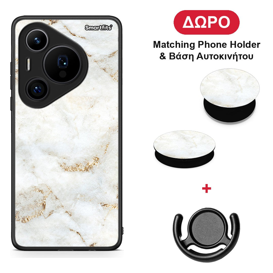 White Gold Marble - Huawei Pura 70 Pro / 70 Pro+ θήκη + Δώρο Phone Holder & Βάση Αυτοκινήτου