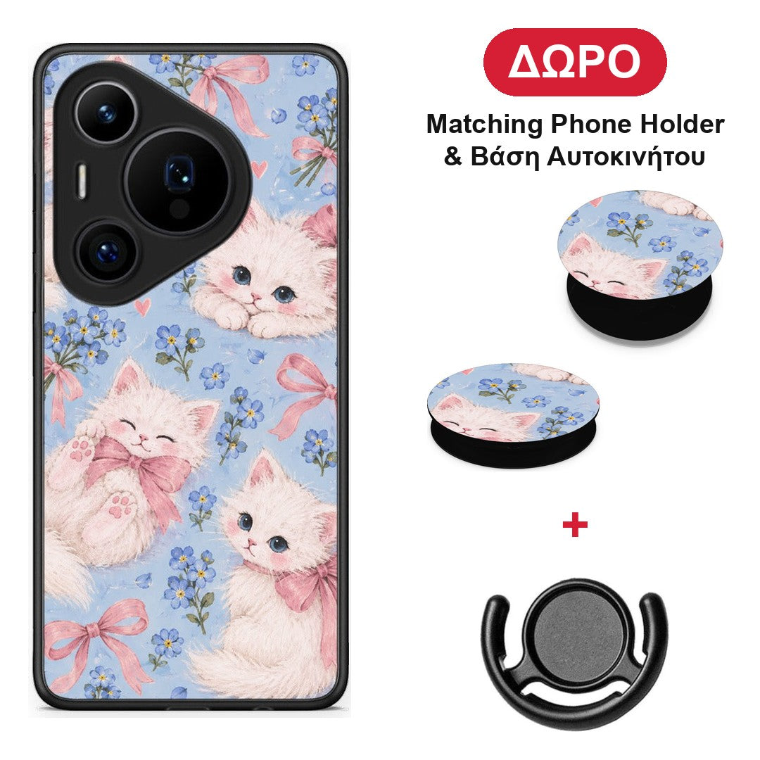 White Kittens and Blue Flowers Large - Huawei Pura 70 Pro / 70 Pro+ θήκη + Δώρο Phone Holder & Βάση Αυτοκινήτου