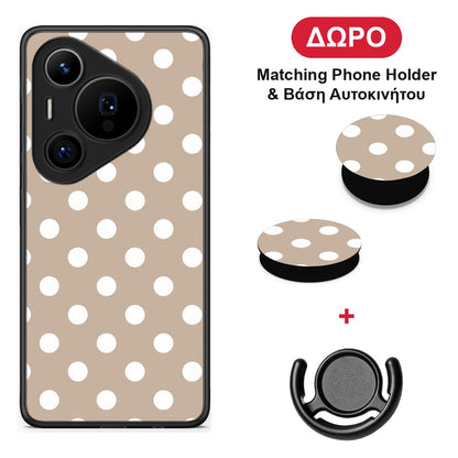 White Polka Dots on Taupe - Huawei Pura 70 Pro / 70 Pro+ θήκη + Δώρο Phone Holder & Βάση Αυτοκινήτου