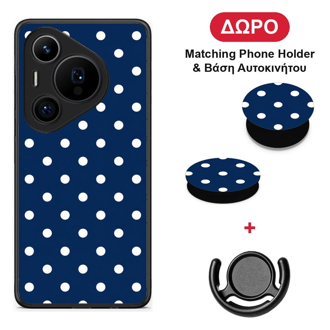 White Small Polka Dots on Navy - Huawei Pura 70 Pro / 70 Pro+ θήκη + Δώρο Phone Holder & Βάση Αυτοκινήτου