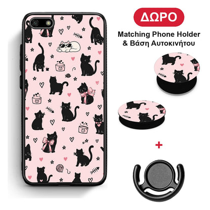 Black Cat Doodles on Pink - Huawei Y5 2018 / Honor 7S θήκη + Δώρο Phone Holder & Βάση Αυτοκινήτου