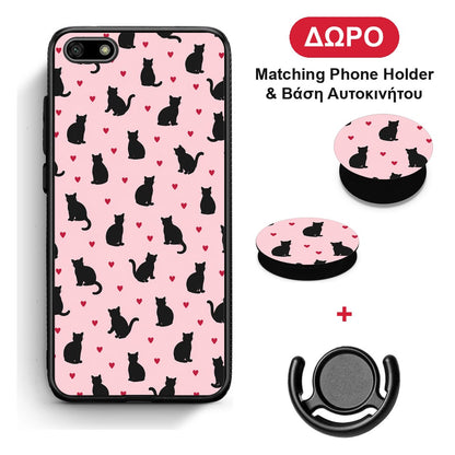 Black Cat Silhouettes and Hearts on Pink - Huawei Y5 2018 / Honor 7S θήκη + Δώρο Phone Holder & Βάση Αυτοκινήτου