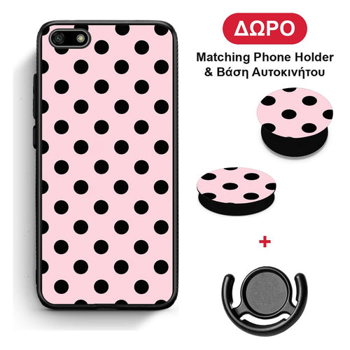 Black Polka Dots on Pink - Huawei Y5 2018 / Honor 7S θήκη + Δώρο Phone Holder & Βάση Αυτοκινήτου
