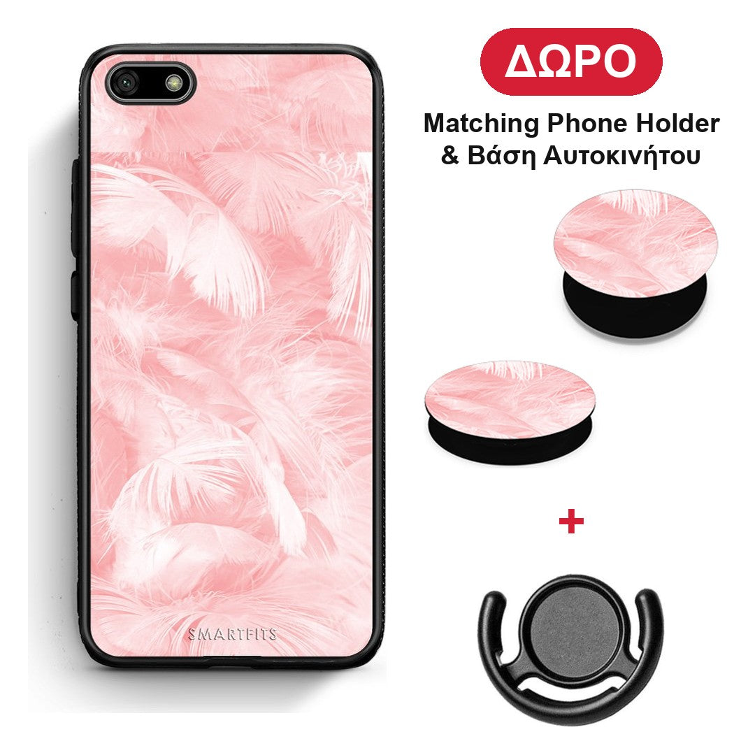 Boho Pink Feather - Huawei Y5 2018 / Honor 7S θήκη + Δώρο Phone Holder & Βάση Αυτοκινήτου
