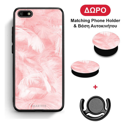 Boho Pink Feather - Huawei Y5 2018 / Honor 7S θήκη + Δώρο Phone Holder & Βάση Αυτοκινήτου